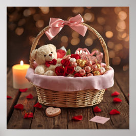 Teddy Rose Basket Romantic Valentine Wall ポスター