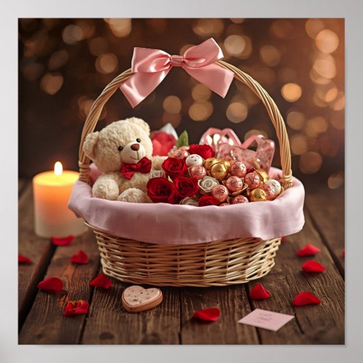 Teddy Rose Basket Romantic Valentine Wall ポスター (正面)