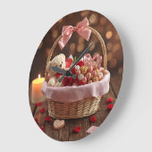 Teddy Rose Basket Romantic Valentines Decorative ラージ壁時計 (傾斜)