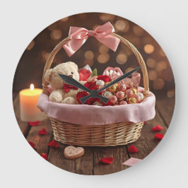 Teddy Rose Basket Romantic Valentines Decorative ラージ壁時計