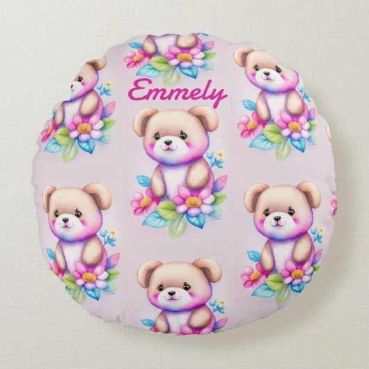 Teddybär Wasserfarben Pastell ラウンドクッション (正面)