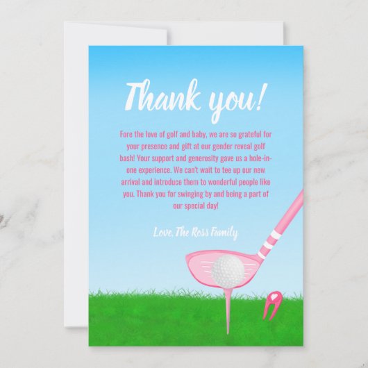 Tee Upピンクゴルフジェンダーリビールベビーありがとう サンキューカード (正面)