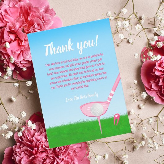 Tee Upピンクゴルフジェンダーリビールベビーありがとう サンキューカード