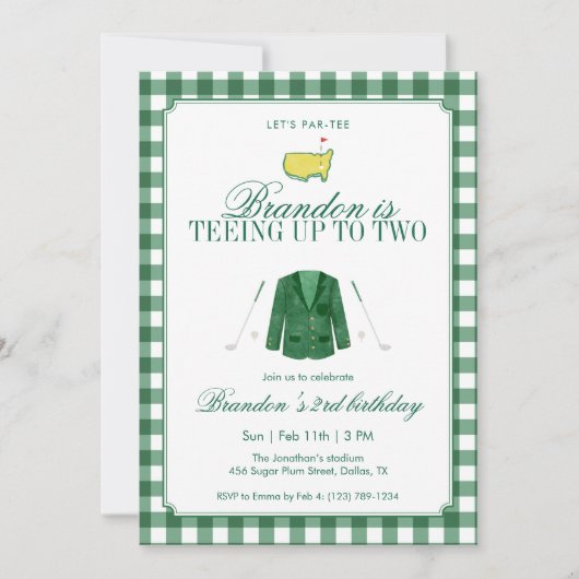 Teeing Up To Two Golf 2nd Birthday Green Gingham 招待状 (正面)