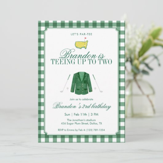 Teeing Up To Two Golf 2nd Birthday Green Gingham 招待状 (スタンド正面)