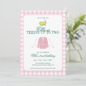Teeing Up To Two Golf 2nd Birthday Pink Gingham 招待状 (スタンド正面)