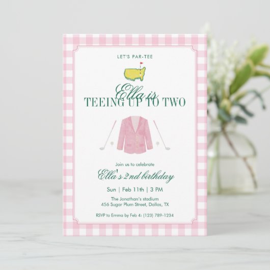 Teeing Up To Two Golf 2nd Birthday Pink Gingham 招待状 (スタンド正面)