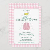 Teeing Up To Two Golf 2nd Birthday Pink Gingham 招待状 (正面/裏面)