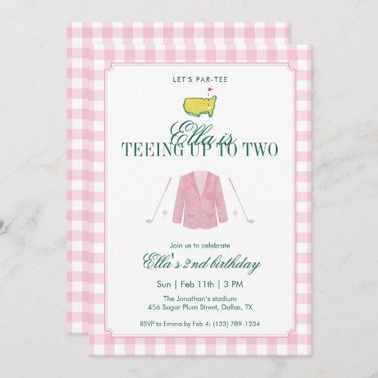 Teeing Up To Two Golf 2nd Birthday Pink Gingham 招待状 (正面/裏面)