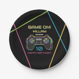 Teen Gaming Gamer Video Game Player Neon Birthday ペーパープレート