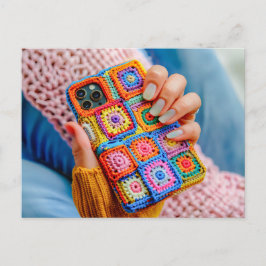 Teen Holding a Crocheted Phone Case Made From Gran ポストカード
