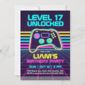 Teen Retro Neon Gamer Birthday Invitation for Boys 招待状