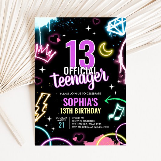 Teenager Neon Thirteenth Birthday Party 招待状