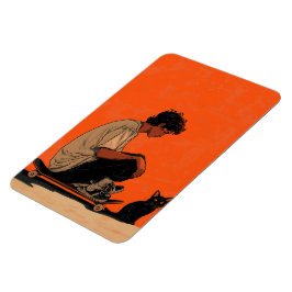 Teenager sitting on skateboard and next to his cat マグネット