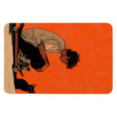 Teenager sitting on skateboard and next to his cat マグネット (横)