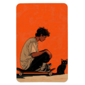 Teenager sitting on skateboard and next to his cat マグネット (縦)
