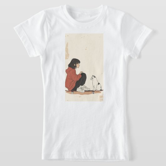Teenager sitting on skateboard and next to his cat tシャツ (レイダウン)