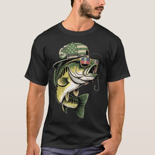 Teens boy camo bass fishing american flag fishing tシャツ (正面)
