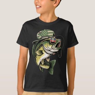 Teens boy camo bass fishing american flag fishing tシャツ