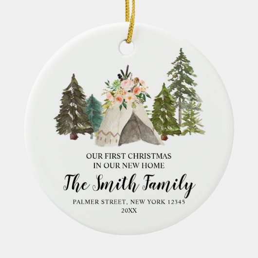Teepee私たちの新しいホームオーナメントで最初のクリスマス セラミックオーナメント (正面)