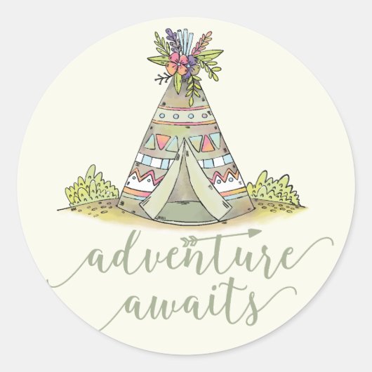 Teepee Adventure Beginds Favor Sticker ラウンドシール (正面)