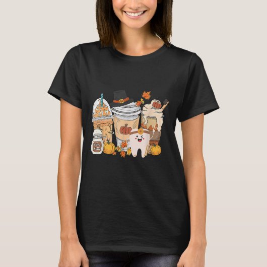 Teeth Coffee Fall Dental Pumpkin Latte Dentist Tha Tシャツ (正面)