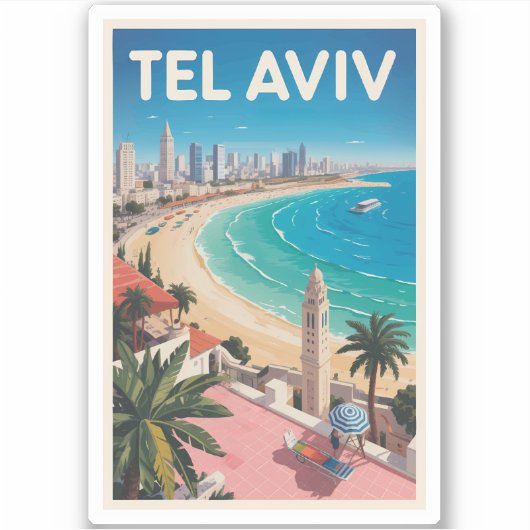 Tel Aviv Israel Illustration Travel Art Vintage シール (正面)