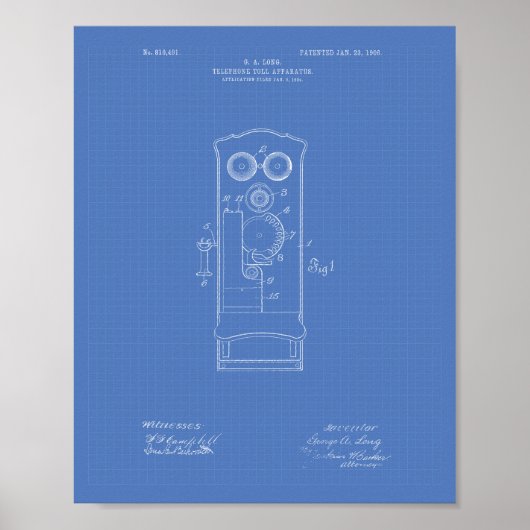 Telephone Toll 1906 Patent Art青写真 ポスター (正面)