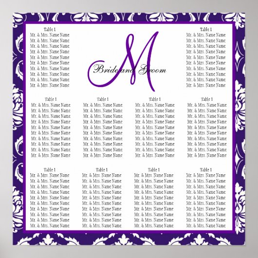 Template Wedding Seating Chart Purple Damask ポスター (正面)