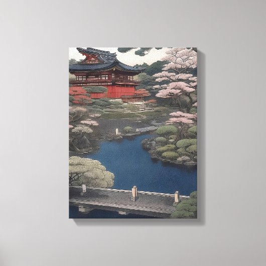 Temple on the river - Japan キャンバスプリント (正面)