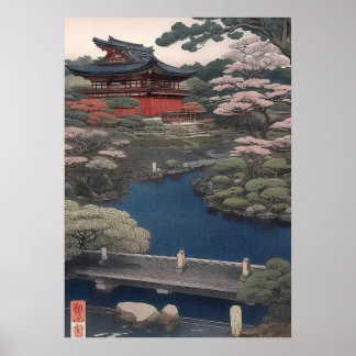 Temple on the river - Japan ポスター