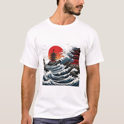 Temple Wave Art - Ukiyo-e Japanese Sunset Design Tシャツ (正面)