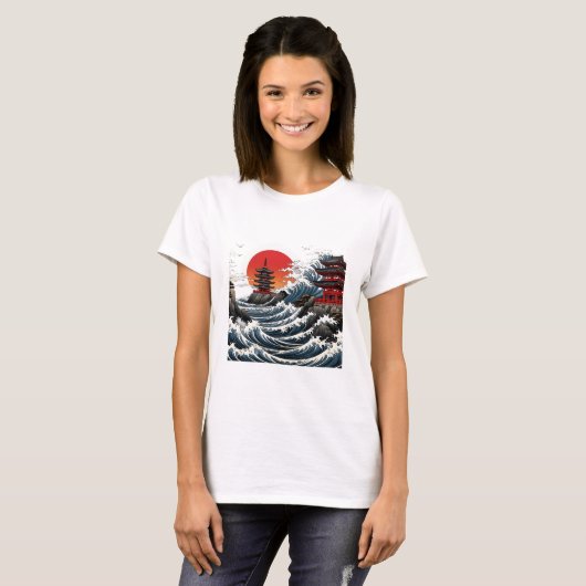 Temple Wave Art - Ukiyo-e Japanese Sunset Design Tシャツ (正面フル)