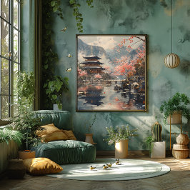 Templo y Cerezos en Flor: Impresionista y Realista ポスター