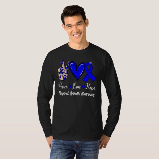 Temporal Arteritis Awareness Peace Love Hope Blue Tシャツ (正面フル)
