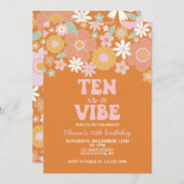 Tenはビバ！ グルービー レトロ フラワー 10歳の誕生日 招待状 (正面/裏面)