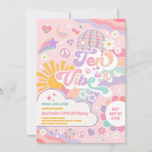 Ten Is A Vibe Retro Groovy Daisy 10th Birthday Inv 招待状 (正面)