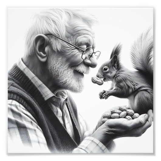 Tender Moment with Squirrel Vintage Black & White フォトプリント (正面)