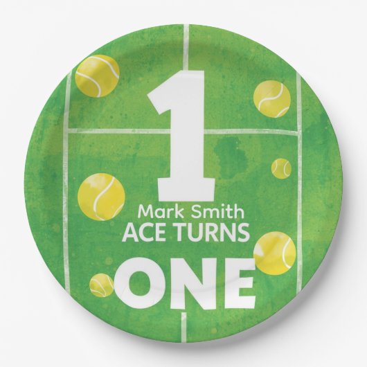 Tennis 1st Birthday on court ペーパープレート (正面)
