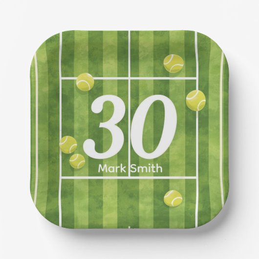 Tennis 30th Birthday Balls on the court  ペーパープレート (正面)