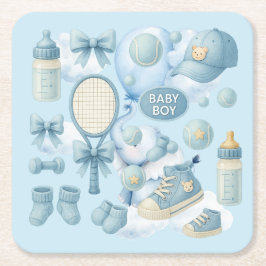 Tennis Baby Shower for Baby Boy Blue themed スクエアペーパーコースター