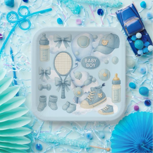 Tennis Baby Shower for Baby Boy Blue themed ペーパープレート (パーティー)
