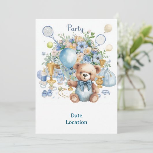 Tennis Baby Shower for Baby Boy Blue themed 招待状 (スタンド正面)