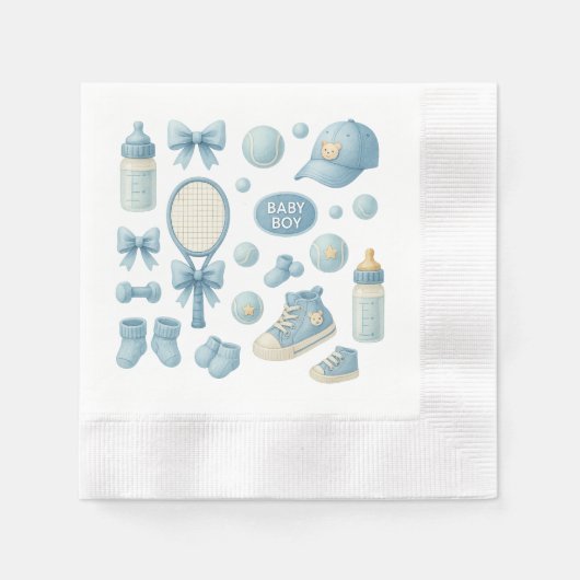 Tennis Baby Shower for Baby Boy Blue themed 縁ありカクテルナプキン (正面)