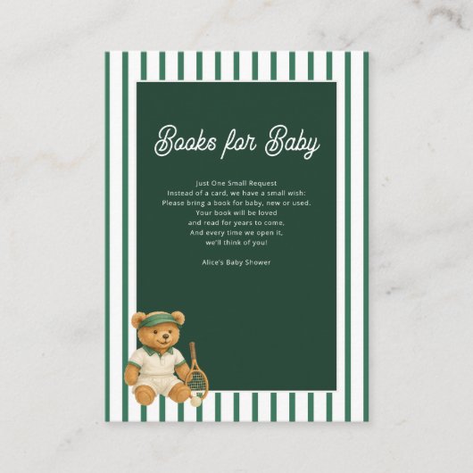 Tennis Bear Baby Shower Books For エンクロージャーカード (正面)