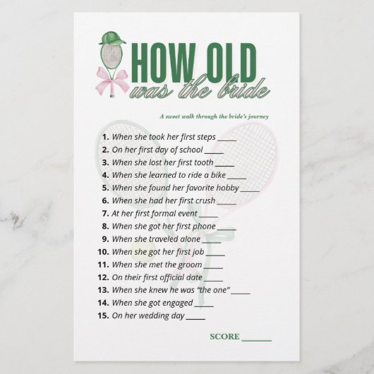 Tennis Bridal Shower Game How Old Was the Bride  (正面)