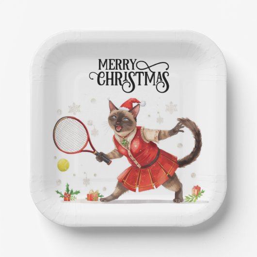 Tennis Christmas Party with Cat Players ペーパープレート (正面)
