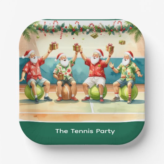 Tennis Christmas Summer with Santa Claus at beach  ペーパープレート (正面)