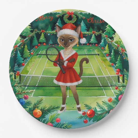 Tennis Christmas themed for Siamese Cat Lovers ペーパープレート (正面)