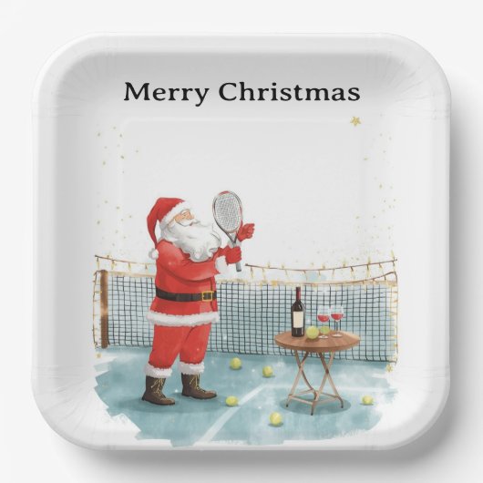Tennis Christmas themed SANTA playing tennis ペーパープレート (正面)